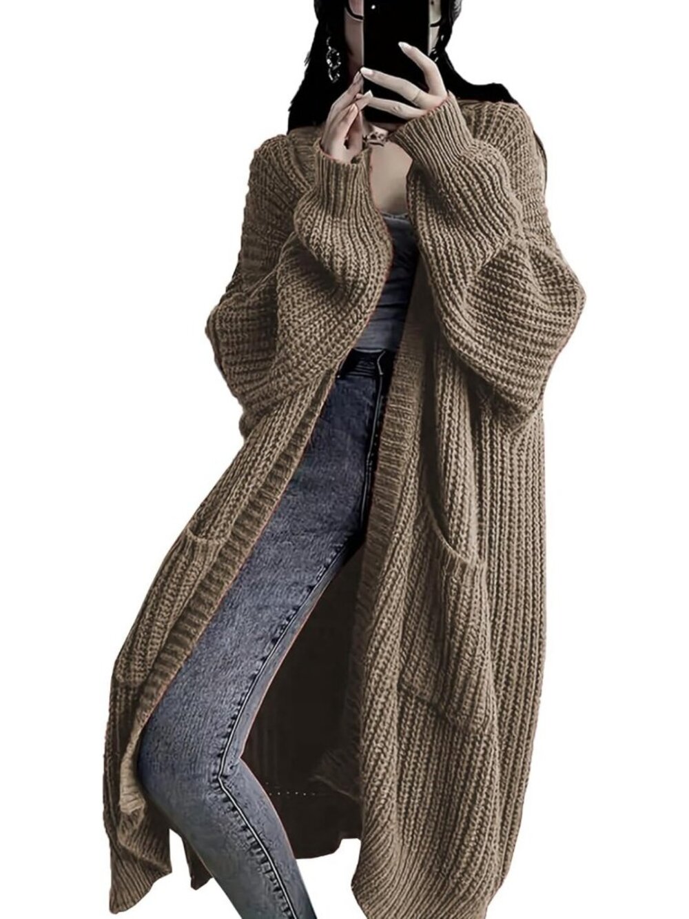 Plus Size Oversized Long Cardigan Sweater, Chunky Knit Open Front Duster with